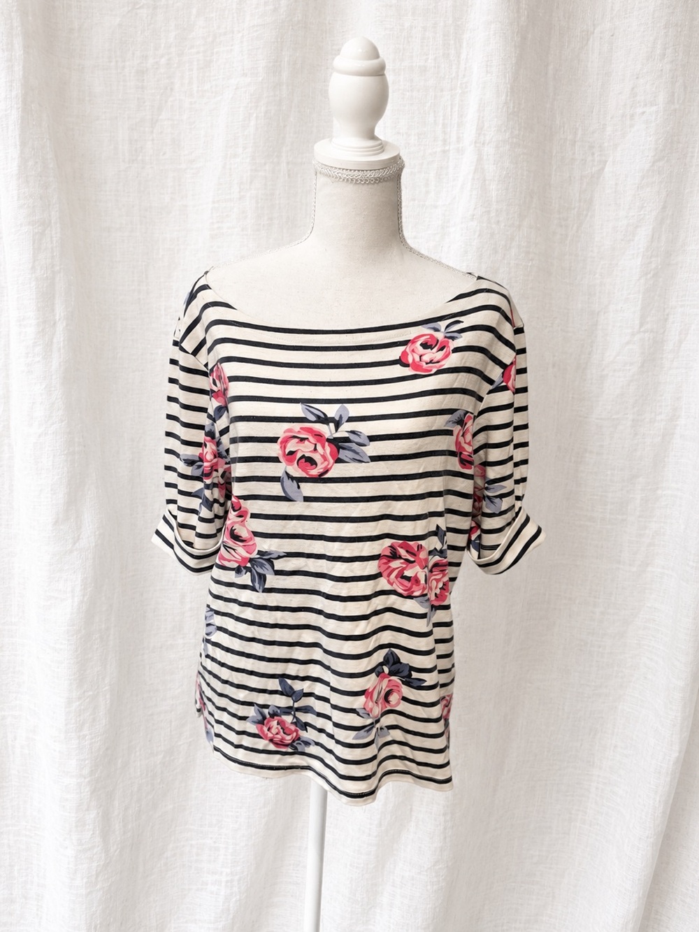 Karen Scott Striped Boatneck Top in Cream, Black and Pink Floral